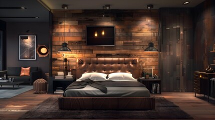 Leather-Clad Tranquility: A Masculine Retreat Featuring Rustic Industrial Lighting - obrazy, fototapety, plakaty