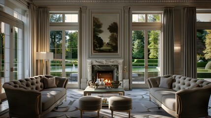 Lavish Living Room with Opulent Silver-Grey Seating Overlooking a Verdant Garden - obrazy, fototapety, plakaty