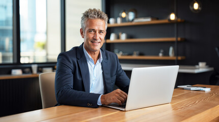Mature businessman working on his laptop in a modern office, happy, smiling middle aged executive or ceo wearing a suit at work, hd - obrazy, fototapety, plakaty