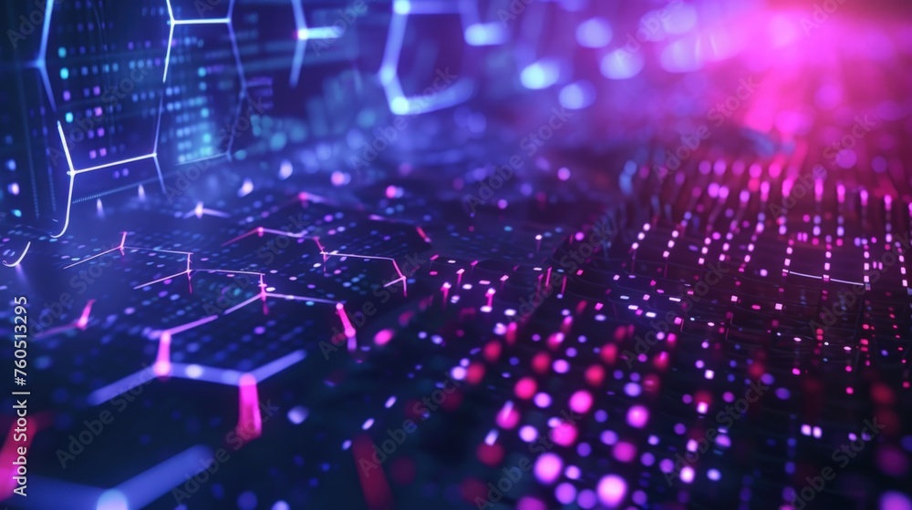Aufkleber digital graphic and hexagon grid with neon light technology background. generate ai image