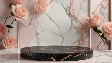 Modern Black Marble Podium, front view focus with Rose Gold Accents and Soft Pink Flowers Background, ultra-realistic, perfect for product showcase.