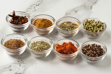 kinds of spices in a wooden bowls