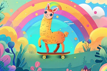 Fototapeta premium A cartoon llama is riding a skateboard in a field with a rainbow in the sky. Generative AI