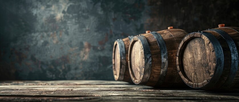 wooden barrels on a dark background