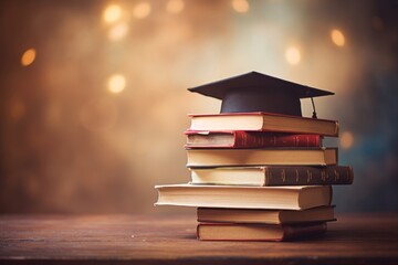 Minimalistic academic achievement graduation cap on stack of books for scholarly success