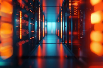 Server room blurred blue, orange, technology concept data storage data server big data futuristic - obrazy, fototapety, plakaty