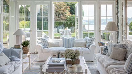 Conservatory room decor, white coastal cottage interior design, garden furniture with sofa and home decor, English country house