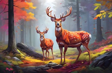 An illustration of vibrant white tailed deer in colorful forest - obrazy, fototapety, plakaty