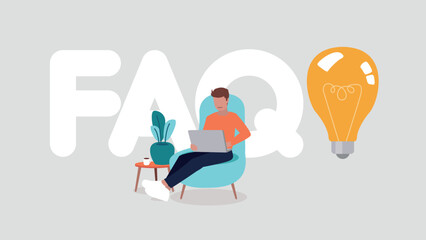 Adobe IllVektor-Illustration der Buchstaben FAQ, daneben eine Glühbirne, im Vordergrund ein Mann, der  auf einer Couch mit seinem Laptop sitzt  - Inspiration und Innovation Konzeptustrator Artwork