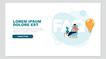 Adobe IllVektor-Illustration der Buchstaben FAQ, daneben eine Glühbirne, im Vordergrund ein Mann, der  auf einer Couch mit seinem Laptop sitzt  - Inspiration und Innovation Konzeptustrator Artwork