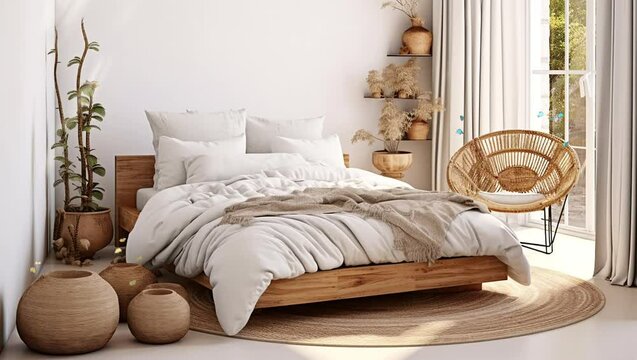 Sunny Serenity: A bedroom bathed in warm sunlight streaming through the window, creating a tranquil and rejuvenating sa Seamless looping 4k time-lapse virtual video animation background. Generated AI