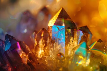 Close-up of crystals sitting on a table, refracting light. Generative AI