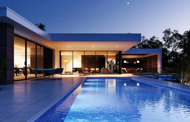 Modern house with swimming pool and barbecue area at night in Sydney, Australia