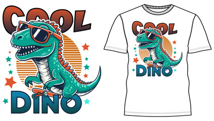 Sunglass-wearing dinosaur, typography Cool Dino Apparel t-shirt design.