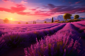 A field of lavender in full bloom, radiating a soothing fragrance and vibrant purple hues.
