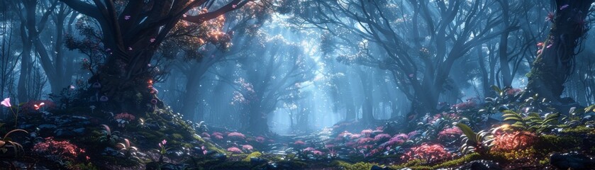 Edge computing optimizing the habitats of fantasy creatures in virtual reality dark forests - obrazy, fototapety, plakaty