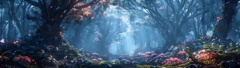 Fotobehang Edge computing optimizing the habitats of fantasy creatures in virtual reality dark forests © AlexCaelus