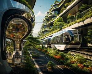 A dystopian future where autonomous vehicles navigate through abandoned smart cities overtaken by nature