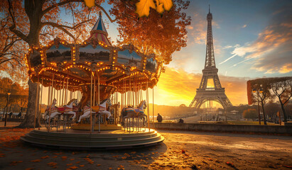 carousel with Eiffel tower - obrazy, fototapety, plakaty