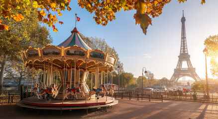 carousel with Eiffel tower - obrazy, fototapety, plakaty