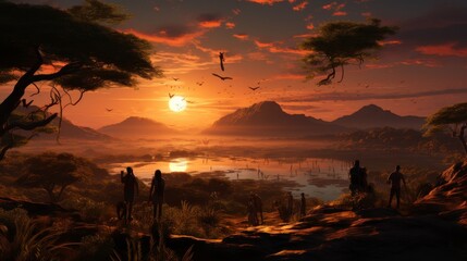 An autonomous vehicle tour through prehistoric landscapes, observing hunter-gatherers and dinosaurs under a solar eclipse