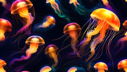 A digital art piece of glowing sea jellyfish on a dark background
