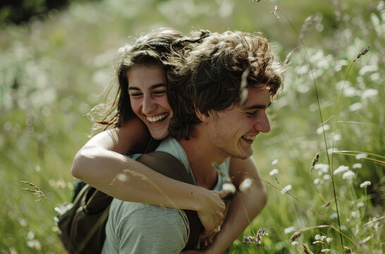 a happy young man carrying his smiling girlfriend on his back in a green field