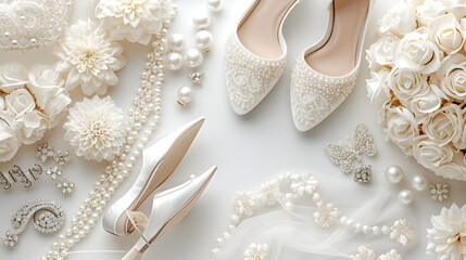 Fototapeta na wymiar Wedding shoes and accessories on white background. generative ai 