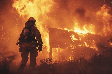 A firefighter stands in front of a house engulfed in flames, bravely fighting the raging inferno to save lives. Generative AI - obrazy, fototapety, plakaty