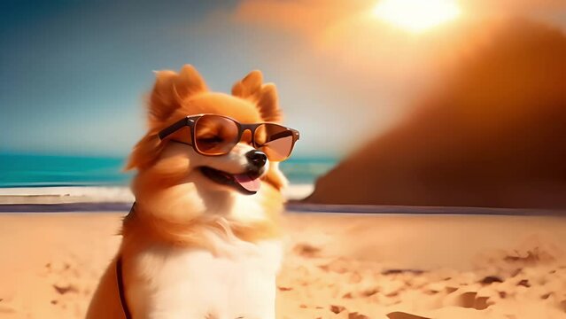 Beautiful cute pomeranian spitz puppy is wearing sunglasses at the beach sea on summer vacation holidays. Concept of summer vacations, sea resort, holidays. Advertisement of sunglasses