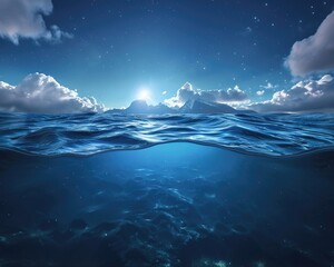 The depths of the ocean touching the void of space, in a simulation where aquatic life explores the stars, merging two unknowns, low noise