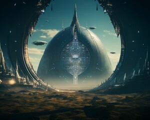 Cybersecurity shields defending against alien invasion in a space opera setting - obrazy, fototapety, plakaty