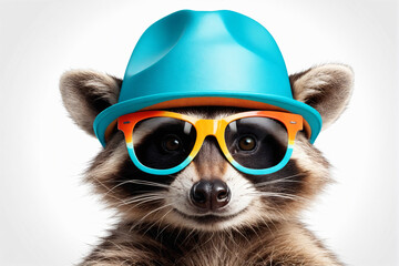 Funny party raccoon wearing colorful summer hat and stylish sunglasses isolated over white background