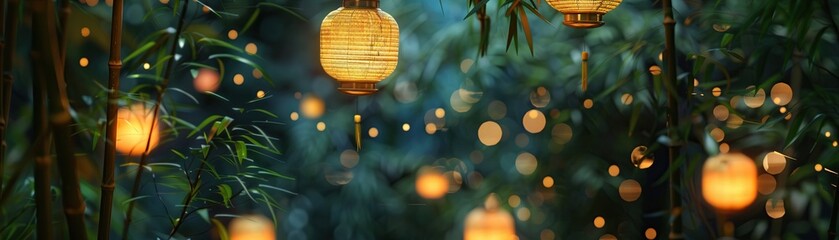 A summer night in ancient China, where lanterns hang from bamboo, lighting up a peaceful garden, the air filled with the chorus of cicadas, minimalist - obrazy, fototapety, plakaty