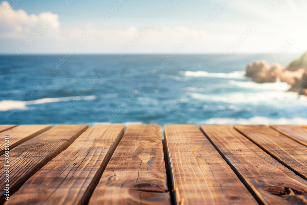 Poster close-up of an empty wooden table and blurred ocean background, mockup background for product displa