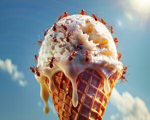A close-up of an ice cream cone, melting rapidly, with ants marching in perfect formation to claim their sugary prize, under the glaring summer sun, 8K - obrazy, fototapety, plakaty