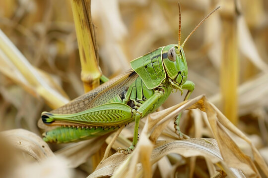 The aftermath of a grasshopper invasion in a cornfield