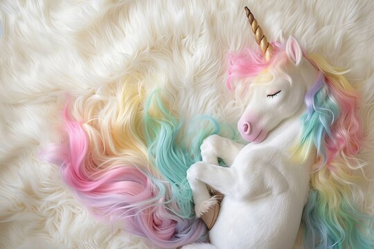 Sleeping Unicorn, ultra realistic fantasy photograph, rainbow mane and tail, soft white fur background, pastel color, photograph from above, cute, fantasy backdrop, vibrant, playful 