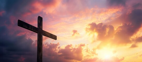 Silhouette christian religious cross on sunrise - obrazy, fototapety, plakaty