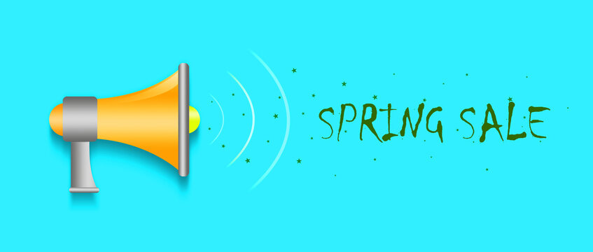 Spring sale, words, and megaphone, on a blue background. Seasonal sales concept. Trade. Business