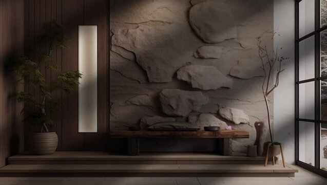 Rustic Charm: A rock brick wall adorned with intriguing shadows cast by a nearby window, creating a cozy and rustic atm  Seamless looping 4k time-lapse virtual video animation background. Generated AI