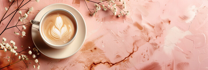 Horizontal banner with a cup of latte coffee and empty space for text. Concept coffee drink pink...