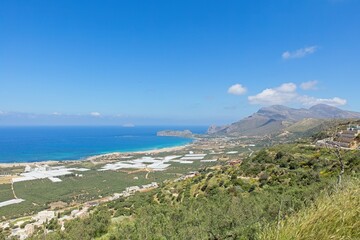 Elevated landscape view of Falasarna in sunny spring weather, Crete, Greece.