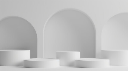 A white set of three pedestals, each with a different shape