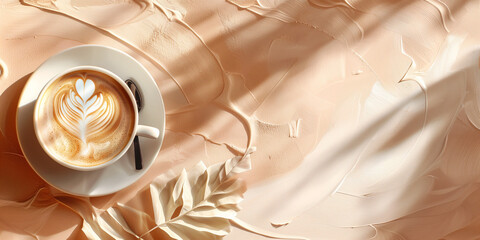 Horizontal banner with a cup of latte coffee and empty space for text. Concept coffee drink...
