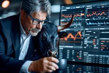 A focused man in glasses analyzing stock market data next to a bull figurine - obrazy, fototapety, plakaty