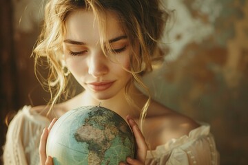 Vintage woman holding Earth, soft sepia tones, close-up, love and care theme, warm lighting