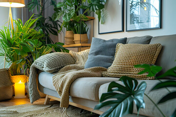 Designer livingroom decorated with indoor plants