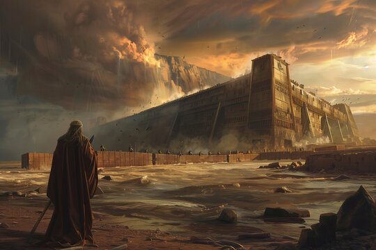 Noah, overseeing the construction of the ark amidst a world consumed by floodwaters