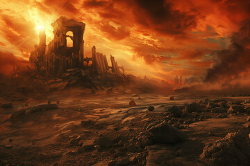 Fototapeta na wymiar desolate wasteland with remnants of civilization crumbling beneath a fiery sky